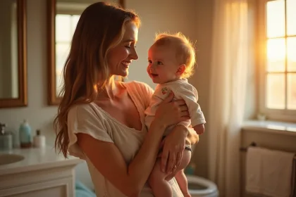 Bébé souriant dans un bain mousseux avec ses parents attentifs