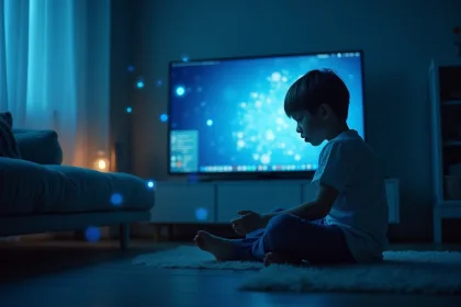 Petit garçon absorbé par l'écran de son smartphone dans une pièce silencieuse