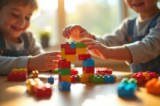 cube coloré entre les mains d'un enfant souriant