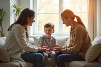 Enfant en colère avec un adulte essayant de le calmer