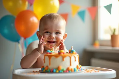 Bébé s'amuse à détruire son gâteau d'anniversaire lors d'un cake smash