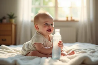 Bébé buvant de l'eau minérale adaptée à sa santé