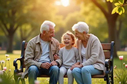 Grands-parents et petits-enfants partageant un moment complice en famille