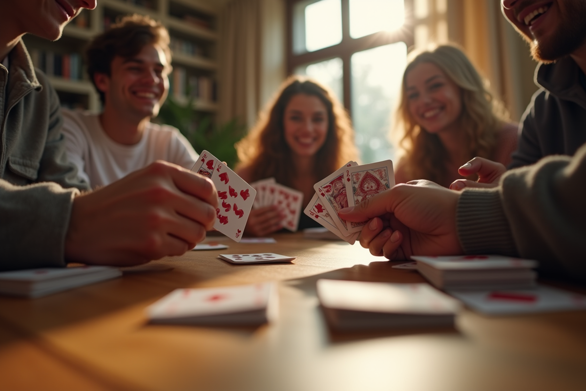 Groupe d'amis jouant aux cartes autour d'une table en journée