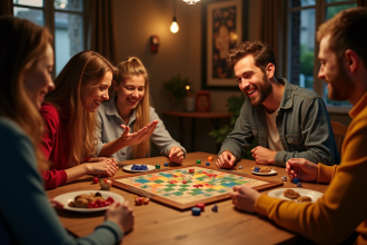 Groupe d'amis jouant à un jeu de société convivial