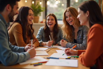 Groupe d'amis jouant à un jeu de dessin et devinettes