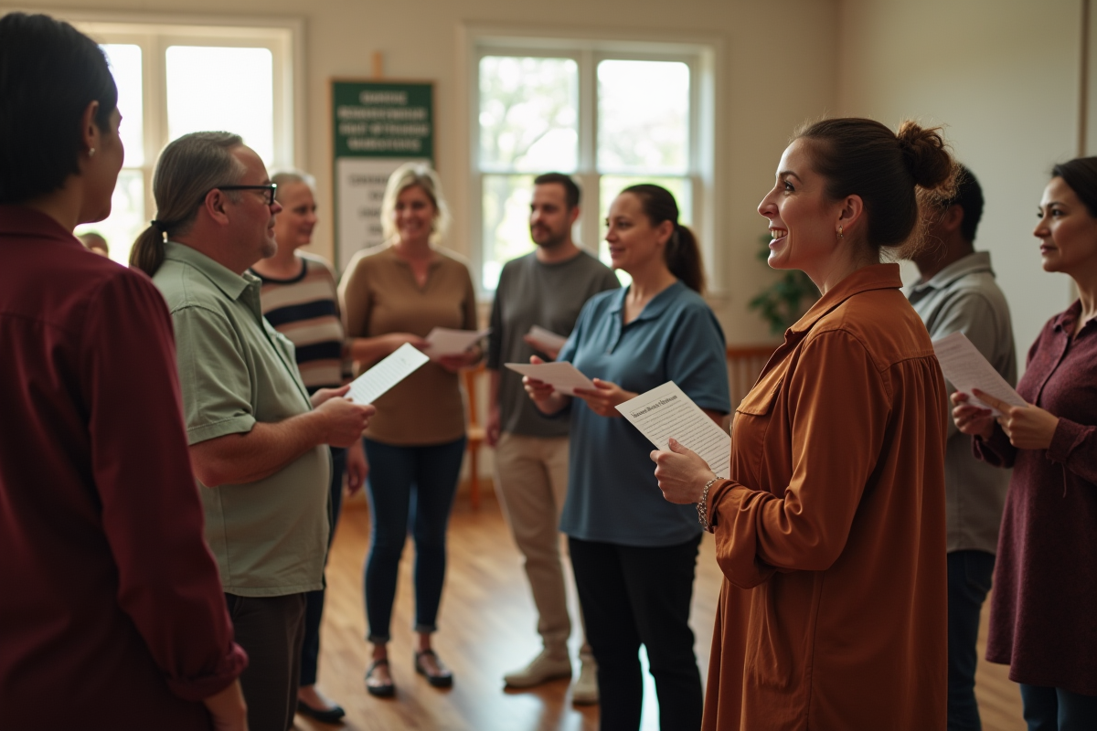 Groupe diversifié en discussion dans une salle lumineuse