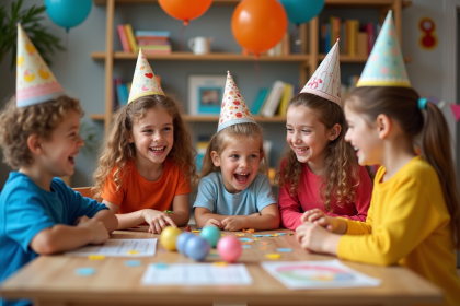 Enfants joyeux jouant à un jeu d'anniversaire coloré