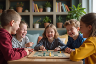Enfants de 11 ans jouant à un jeu de société dans un salon chaleureux