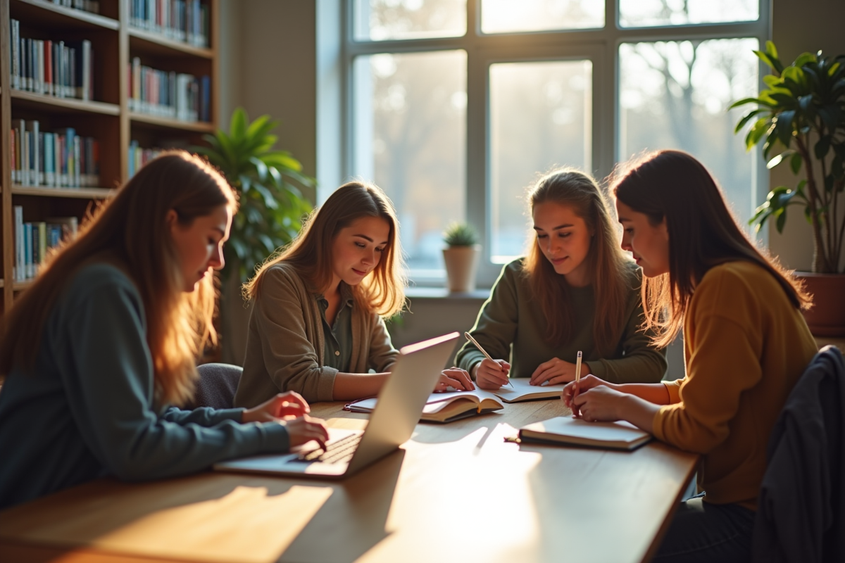 Groupe d'étudiants divers dans une bibliothèque moderne