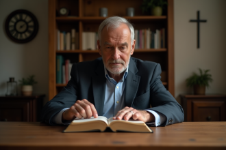 Homme méditant avec Bible dans un salon chaleureux