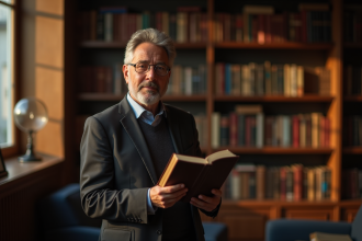 Homme d'âge moyen tenant un livre dans une bibliothèque chaleureuse