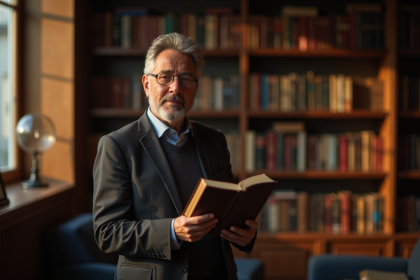Homme d'âge moyen tenant un livre dans une bibliothèque chaleureuse