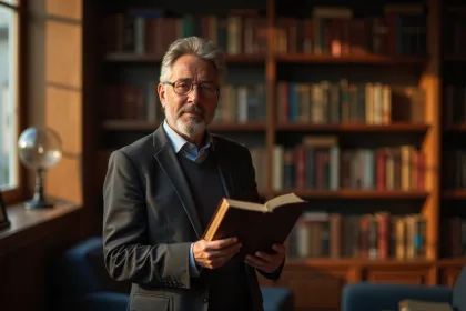 Homme d'âge moyen tenant un livre dans une bibliothèque chaleureuse