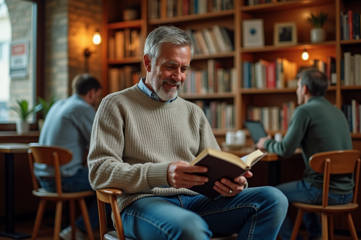 Homme lisant un livre de développement personnel dans un café