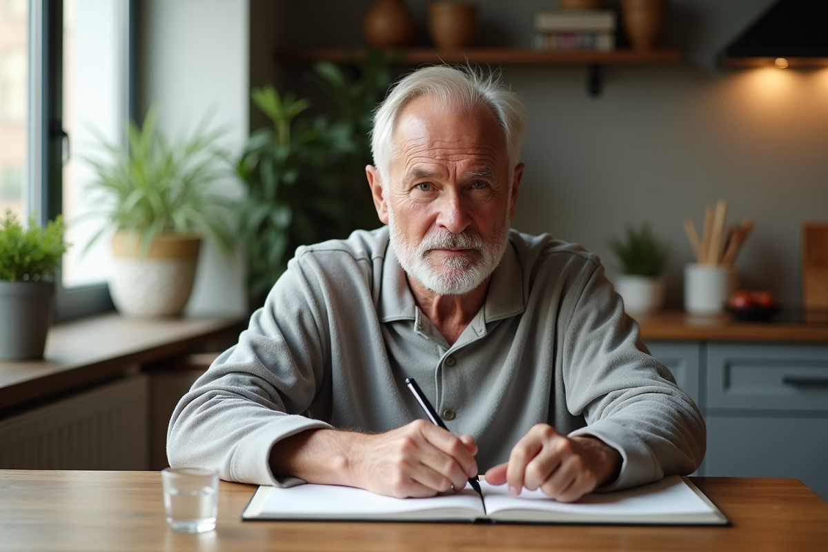 Homme âgé notant ses habitudes de sommeil dans la cuisine