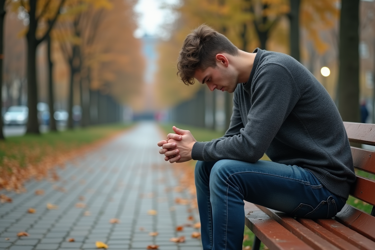 Jeune homme pensif assis sur un banc dans un parc