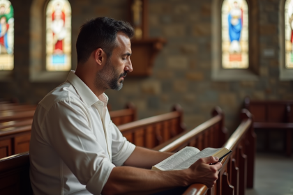 Homme méditatif dans une église ancienne avec Bible