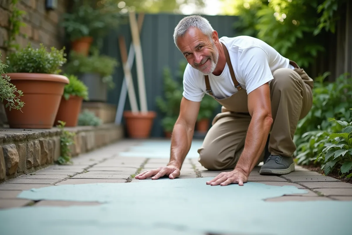 Homme appliquant un pochoir sur un chemin de jardin