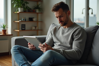 Homme assis sur un canapé moderne utilisant une tablette