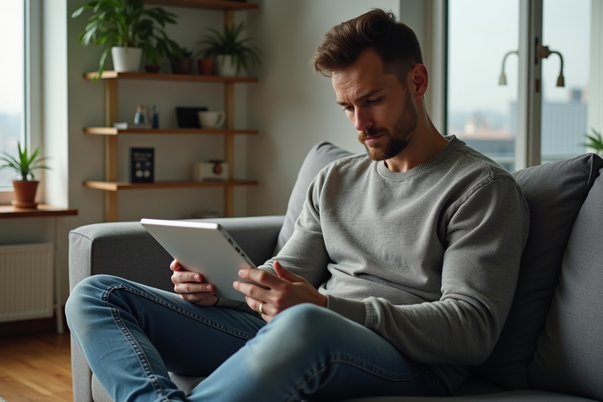 Homme assis sur un canapé moderne utilisant une tablette
