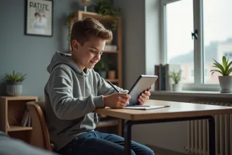 Adolescent concentré sur sa tablette dans sa chambre moderne