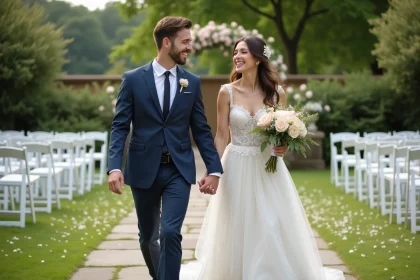 Jeune couple heureux lors d'un mariage en plein air