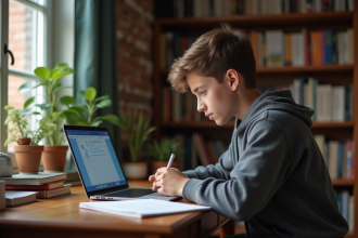 Adolescent en étude à la maison avec ordinateur et livres
