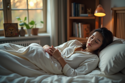 Jeune femme endormie paisiblement dans son lit douillet