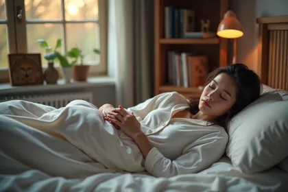 Jeune femme endormie paisiblement dans son lit douillet
