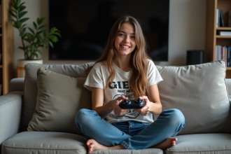 Jeune femme française joue à la console dans son salon