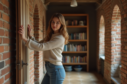 Jeune femme poussant une vieille porte en bois dans un couloir chaleureux