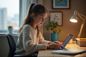 Jeune fille de 16 ans utilisant une tablette dans sa chambre