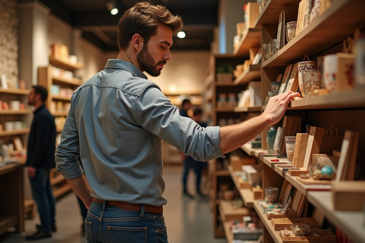 Jeune homme regardant un objet artisanal en boutique