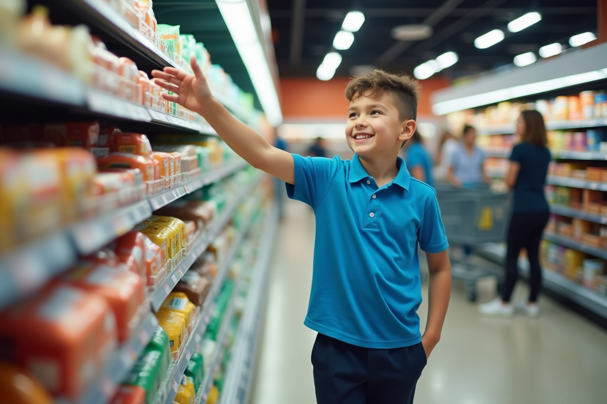 Jeune homme avec Down syndrome faisant ses courses dans un supermarche