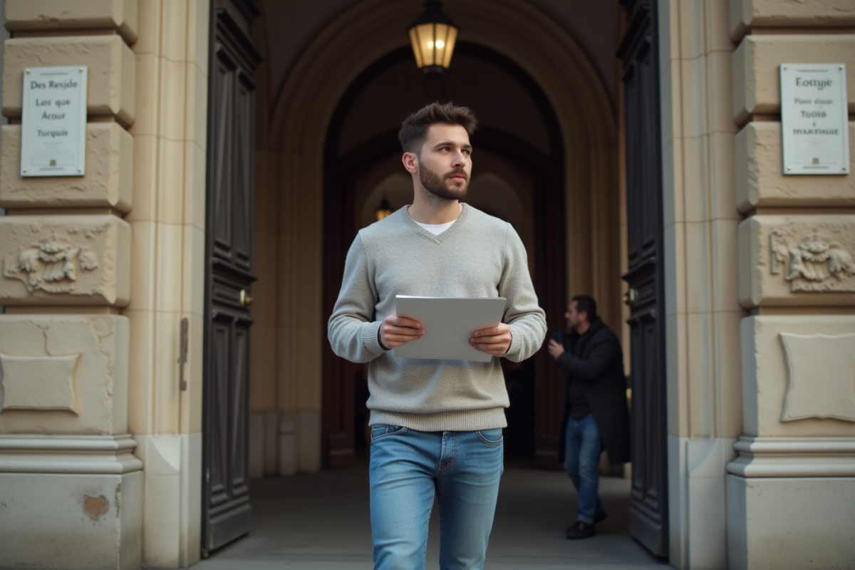 Jeune homme devant la mairie historique de ville