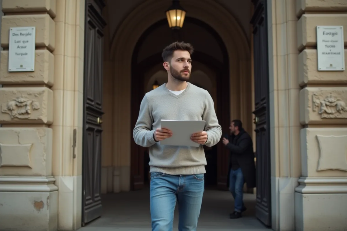 Jeune homme devant la mairie historique de ville