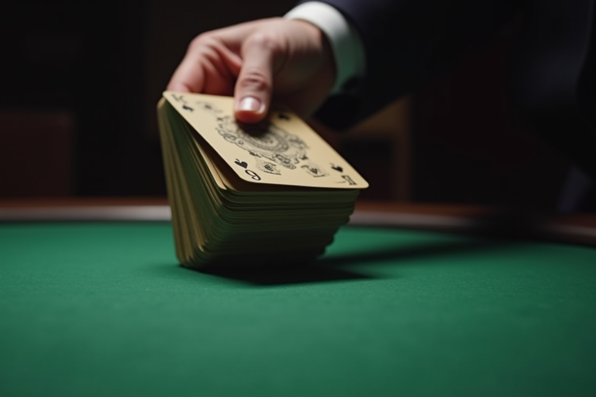 Main mélangeant un jeu de cartes usé sur une table verte
