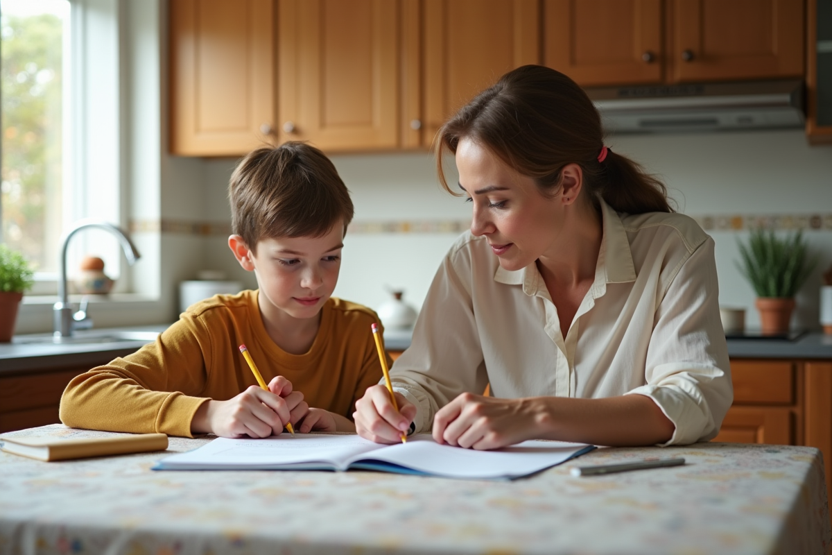 Maman aidant son enfant avec ses devoirs à la cuisine