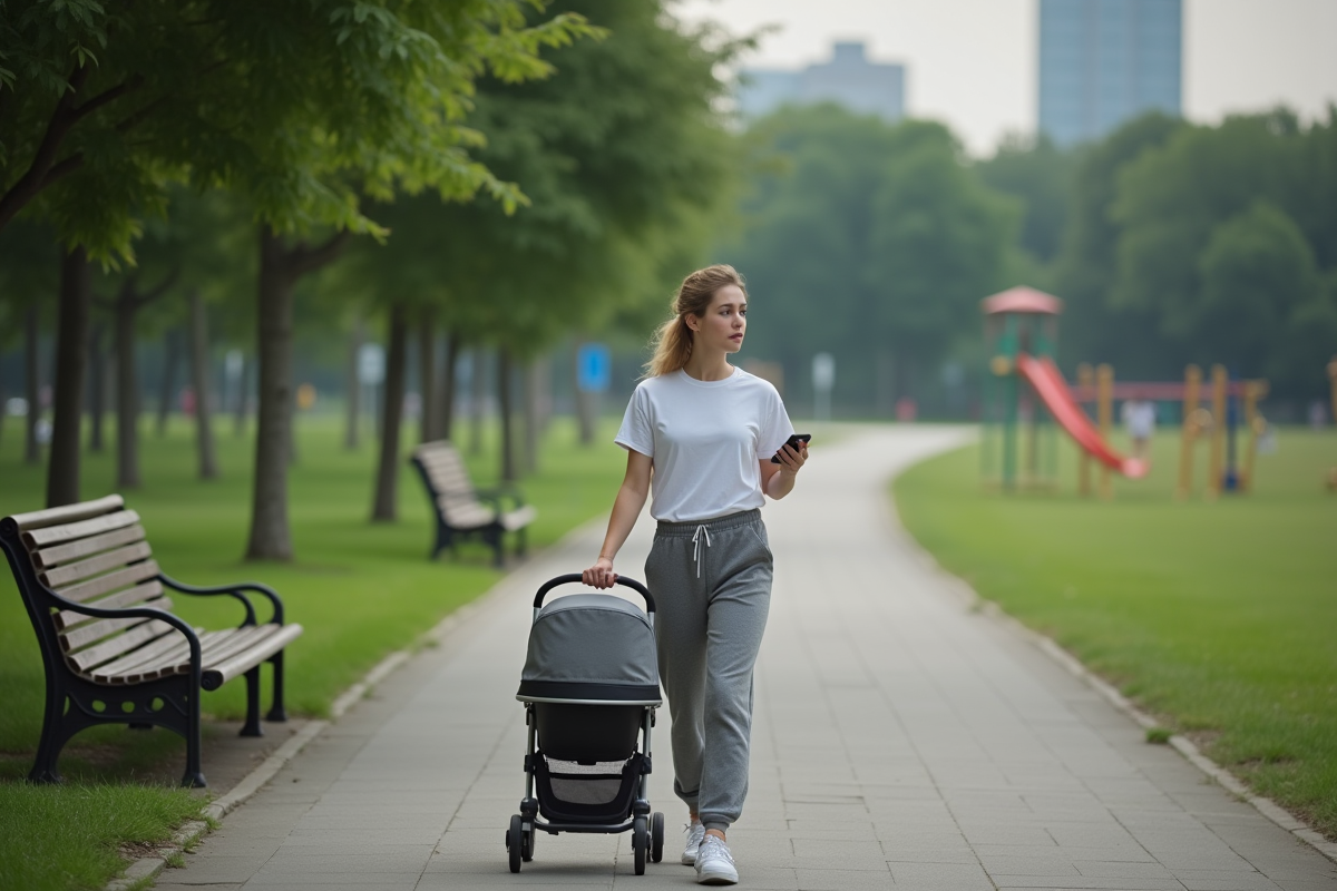 Jeune mère marche dans un parc urbain avec poussette
