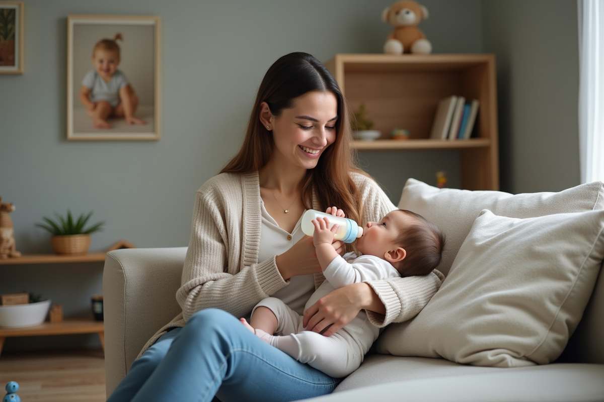 Maman souriante donnant le biberon à son bébé dans un salon chaleureux