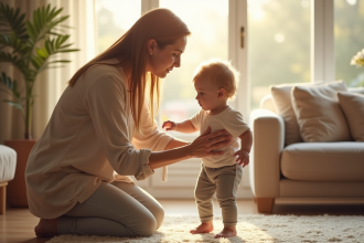 Maman soutenant son enfant de deux ans dans un salon lumineux