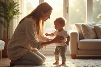 Maman soutenant son enfant de deux ans dans un salon lumineux