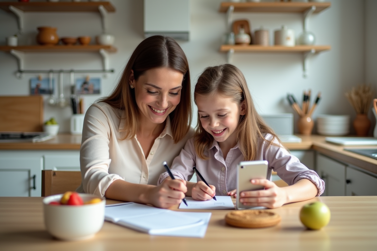 Maman et fille souriantes font leurs devoirs ensemble à la cuisine