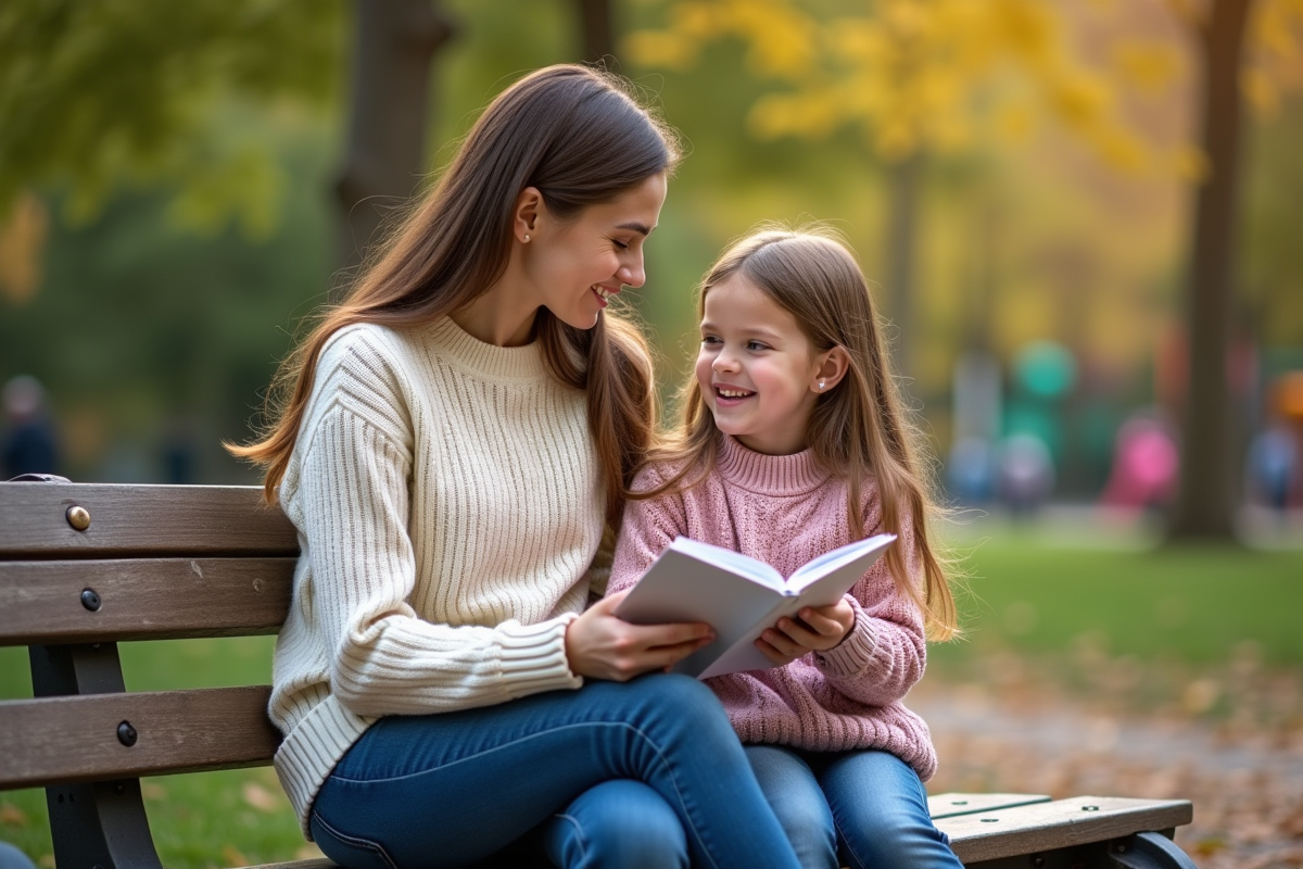 Mère et fille discutant sur un banc dans un parc