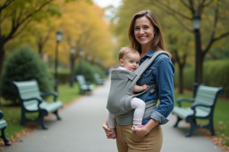 Jeune maman portant bébé dans un porte-bébé en parc