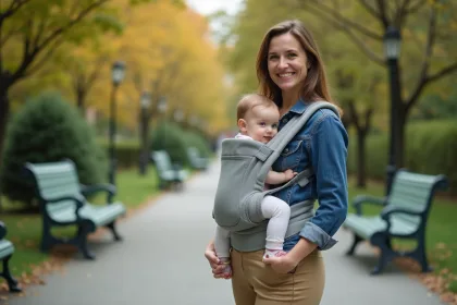 Jeune maman portant bébé dans un porte-bébé en parc