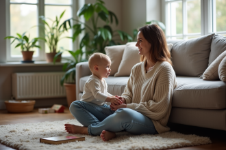 Femme assise avec son enfant dans un salon chaleureux