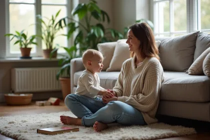 Femme assise avec son enfant dans un salon chaleureux