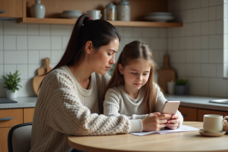 Mère attentive avec sa fille utilisant un smartphone à la cuisine